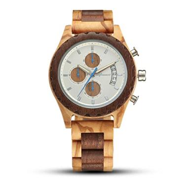 Imagem de Relógio de madeira para homens, relógio de pulso analógico de quartzo com mostrador de data, pulseira de madeira leve feita à mão para homens e relógios luminosos, cáqui