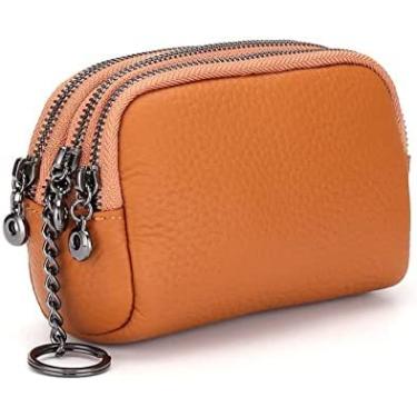 Imagem de Carteira feminina pequena de couro genuíno com zíper porta-moedas cartões chaves bolsas para dinheiro, marrom, 14x6x8,5cm, atualizado1