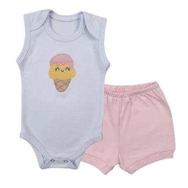 Imagem de Conjunto Body Regata Bordado Sorvetinho e Short Tapa Fralda - Roupa Bebê Menina-Feminino