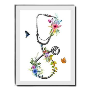 Imagem de Quadro Estetoscópio Rosas Medicina Arte Moldura Branca - Fanarte