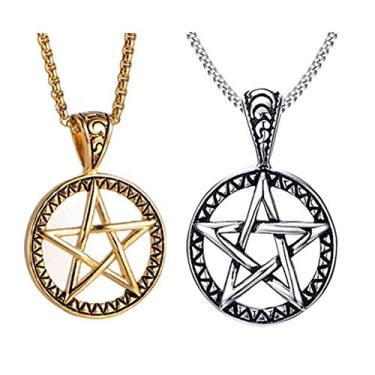 Imagem de Colar pentagrama poderoso de aço inoxidável, pingente de selo tradicional Wicca de Salomão, corrente de freio de 59 cm (ouro prateado (2 peças))