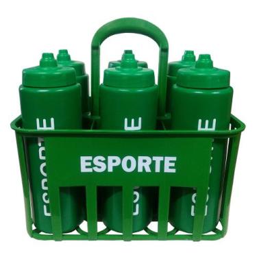 Imagem de Kit c/6 Squeeze + Cesta Porta Garrafas Verde Bico Automático - Futebol