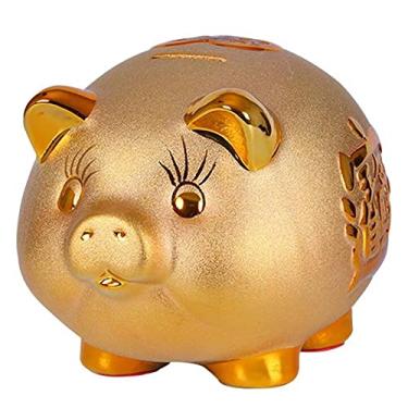 Imagem de Cofrinho de porco de cerâmica porco decoração de casa estatueta de porco dourado caixa de dinheiro ornamento em forma de porco caixa de poupança de moeda presente infantil banco de dinheiro pote de