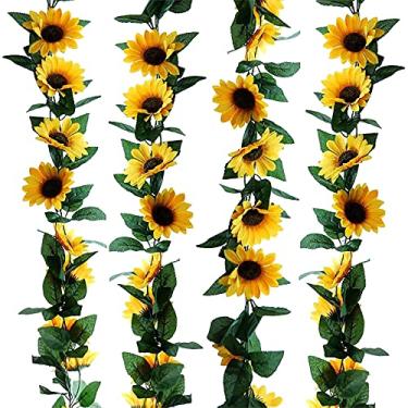 Imagem de Guirlanda Girassol Seda Artificial Decoração Girassol Mesa Videira para Casamento Decoração de Casa Flores de Madeira com Hastes Flores Artificiais