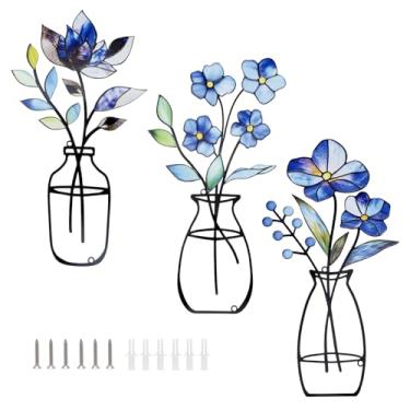 Imagem de DJAPWPX 3 peças de decoração de parede de flores de metal, arte de parede de vaso, esculturas de parede de metal penduradas para cozinha interna, banheiro, quarto, sala de estar (B)
