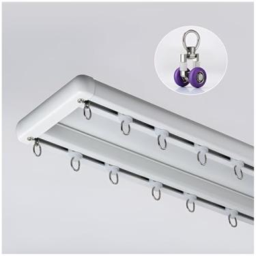 Imagem de Sistema de trilho de cortina resistente – Trilhos de cortina silenciosos duplos e varões divisores de quarto – suporte de teto para escritório, sala de estar, quarto – 2,1 m, marrom – ideal para