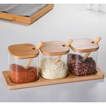 Imagem de Jogo 3 Potes De Vidro Condimento Bambu Colher Suporte Kit