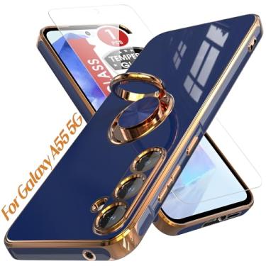 Imagem de AZHEPU Capa para Samsung Galaxy A55 5G com protetor de tela de vidro temperado, suporte magnético com suporte de anel, borda dourada banhada a ouro, capa para celular com ajuste fino de TPU macio para