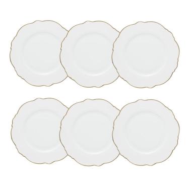 Imagem de Cj 6 Pratos Rasos de Porcelana Branca Maldivas C/Filete Dourado 28cm Wolff