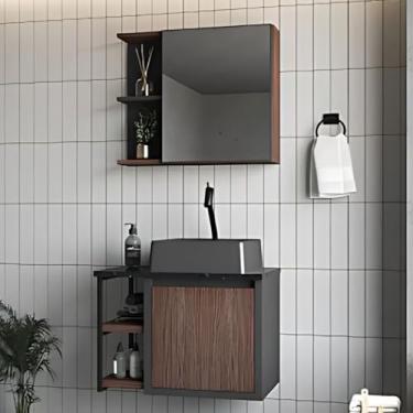 Imagem de Conjunto Gabinete Banheiro Espelheira 100% Mdf Cuba Mármore (Chumbo/Madeirado)