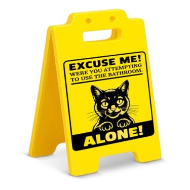Imagem de Placa engraçada de gato para decoração de banheiro com humor "Excuse Me When You Attempting to Use the Bathroom Alone", decoração de banheiro para apartamento doméstico de dono de gato