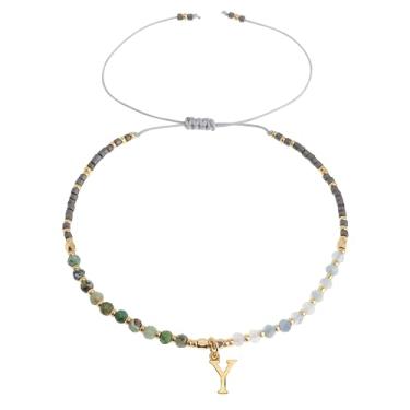 Imagem de Frigotine Pulseiras com inicial de pedra natural com contas douradas para mulheres e adolescentes, boêmio feito à mão cinza preto personalizado contas de pedra turquesa nome da letra pulseira