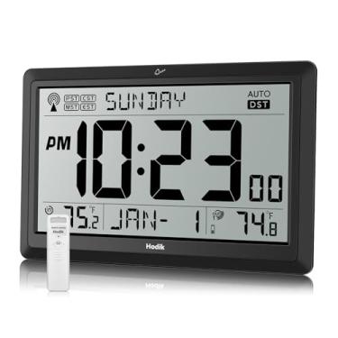 Imagem de HODIK Relógio atômico com temperatura interna e externa sem fio, visor LCD grande de 11,4 polegadas para facilitar a leitura, relógio de mesa alimentado por bateria ou relógio de parede com sensor de
