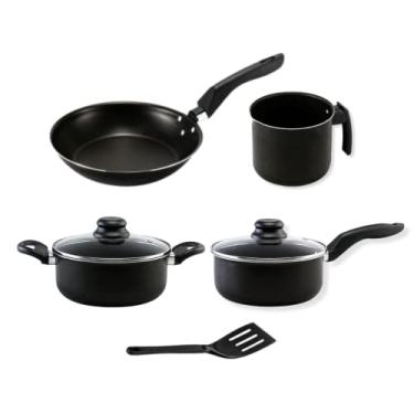 Imagem de Conjunto de Panelas Preto Antiaderente Pequeno 5 Peças: Caneco 12cm Panela 16cm Caçarola 18cm Francesa 20cm 1 Espátula 25cm com Tampa de Vidro Não Gruda Kit Jogo Topázio