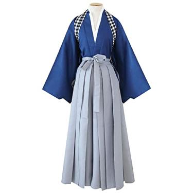 Imagem de Resnan Quimono Samurai Japonês, Fantasia de Artes Marciais Roupa Esportiva Hakama Aikido Kendo, Calças Quimono Tradicional, Azul, G