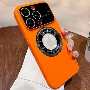 Imagem de Capa magnética para IPhone 13 Pro Max Visualização do logotipo, protetor de câmera de lente de vidro de janela, compatível com Magsafe, mulheres homens rígidas à prova de choque para iPhone 13Pro Max Slim Matte Case Cover 6,7 polegadas (laranja)