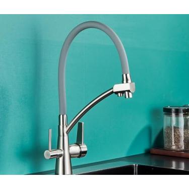 Imagem de Filtro de água torneira da cozinha 2 em 1 preto puxar para baixo torneiras pia água pura para cozinha deck giratória misturadora fria, níquel cinza tubo a