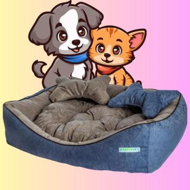 Imagem de Caminha pet luxo com travesseiro e almofada dupla face, suede azul com
