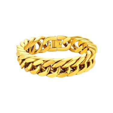 Imagem de ChainsHouse Pulseira de elos cubanos de aço inoxidável, 8 mm/12 mm/17 mm de largura, 19 cm/21 cm/22,9 cm, pulseira de corrente banhada a ouro 18K para homens e mulheres, caixa de presente, 21cm, Metal