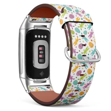 Imagem de Pulseira de relógio de couro de substituição para Fitbit Charge 5/Fitbit Charge 6 (Coelhinho da Páscoa colorido) Pulseira para Smartwatch para mulheres e homens