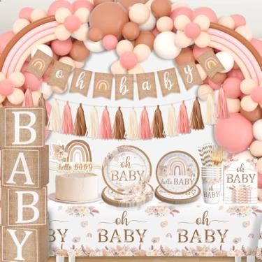 Imagem de cocomigo Decorações de chá de bebê Boho para meninas: banner boho arco-íris, balões, pratos, guardanapos, toalha de mesa e mais - servindo 20 convidados