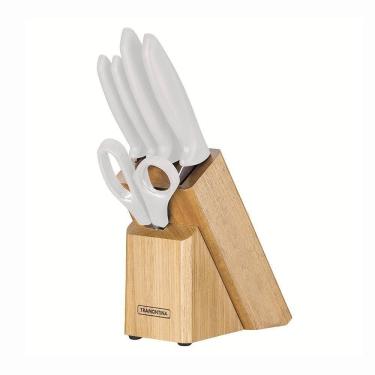 Imagem de Jogo Facas Plenus Lâminas Inox Cabos Branco Off White Suporte Madeira 6pc - Tramontina 23498315