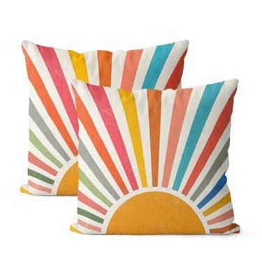 Imagem de JEFERSO Conjunto de 2 capas de almofada de verão 61 x 61 cm com listras coloridas amarelas luz do sol ao ar livre boho arco-íris sol fronha decorativa linho moderna capa de almofada para decoração de