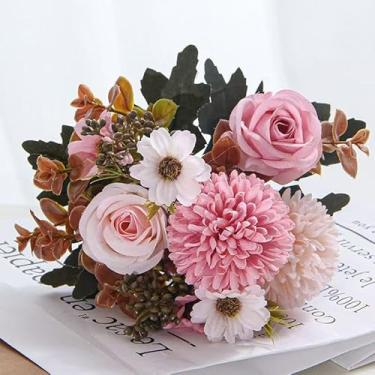 Imagem de Flores artificiais 6 cabeças de crisântemo rosa de bola de outono(1,Rosa-3)