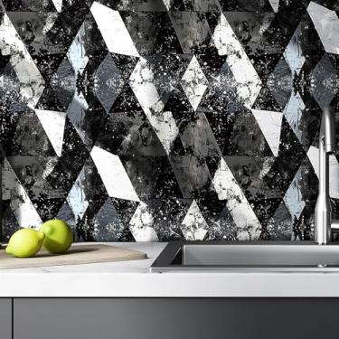 Imagem de Livelynine Papel de parede geométrico moderno de meados do século preto branco papel de parede descasque e cole moderno quarto banheiro cozinha autoadesivo arca azul art déco forro de gaveta de papel