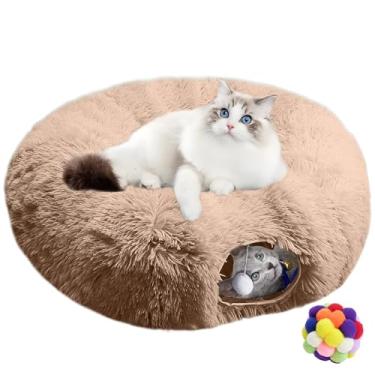 Imagem de Cama de túnel para gatos em ambientes internos – Brinquedo de túnel de donut de gato fofo com almofada circular lavável, brinquedo de caverna Peekaboo redondo para gatinhos/filhotes/coelho (marrom)