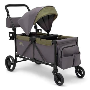 Imagem de Carrinho de Passeio Vagão Duplo Multifuncional com Capota e Armazenamento, Jeep, Cinza e Verde