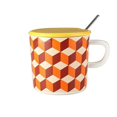 Imagem de Caneca de tabuleiro de xadrez copo de cerâmica com tampa e colher copo par par de copos de água copo de café casa romance café da manhã copo de leite caneca de café (cor: B)