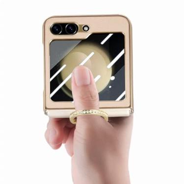 Imagem de Capa de couro com suporte de anel brilhante para Samsung Galaxy Z Flip 5 Flip5 Flip4 Flip 4 5G Melhor capa de filme de vidro de proteção, cáqui, para Samsung Z Flip 5