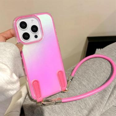 Imagem de Capa de couro de luxo com cordão para pulso Aurora Gradient Case para iPhone 16 15 14 13 Pro Max Plus 12 11 Laser Shockproof Slim Cover (para iPhone 12 ProMax/mehong)