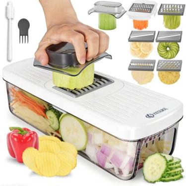 Imagem de KEOUKE Fatiador multifuncional 6 em 1 de mandolina de vegetais com recipiente branco - Fatiador de vegetais com protetor de mão para cozinha, fácil preparação de alimentos, cebola, batata, vegetais