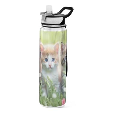 Imagem de Burbuja Garrafa de água Cute Kittens de 940 ml com tampa de palha, à prova de vazamento e livre de BPA para academia, esportes ao ar livre
