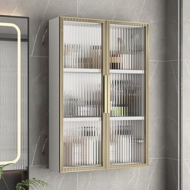 Imagem de Elegante armário de parede de banheiro de madeira maciça com portas de vidro - organizador de armazenamento sobre vaso sanitário para banheiro, quarto e cozinha - Suporte de exibição de madeira