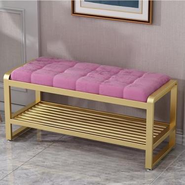 Imagem de Banco de armazenamento de entrada de madeira com almofada, rack organizador de 2 camadas para sala de estar e entrada, assento de armazenamento de sapatos elegante, durável e versátil (E 80 x 35 x 45