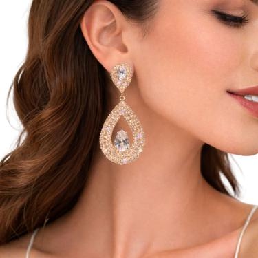 Imagem de Brinco Feminino Dourado Gota Strass Longo Luxo Festa Brilho