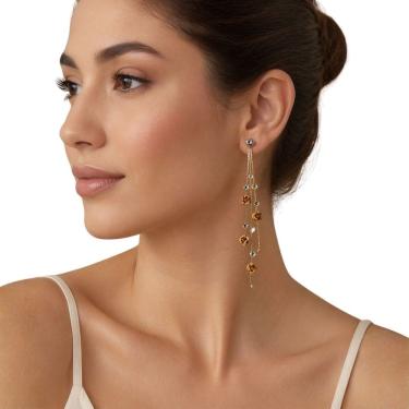 Imagem de Brinco Feminino Flor Dourado Longo Elegante Delicado Luxo