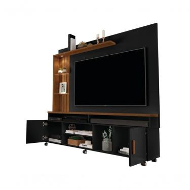Imagem de Estante Home Theater para Tv Ocean 65" 200cm MDF-MDP com Painel Ripado Preto-canela Car...