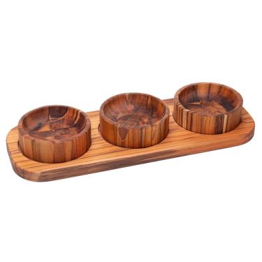 Imagem de Petisqueira com 3 Bowls para Petiscos em Madeira Teca Marrom Ideal para Servir Aperitivos Wolff