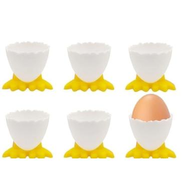 Imagem de 6 peças de copos de ovos de plástico macio com desenho animado bandeja de ovo divertida em forma de pés de pato para café da manhã e brunch ovo cozido..