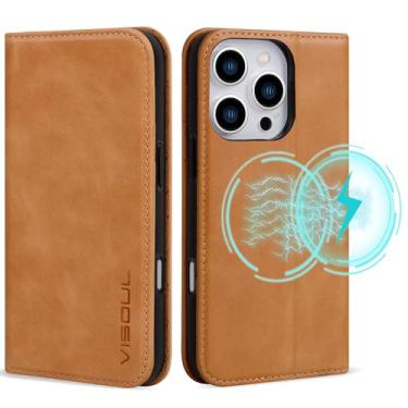 Imagem de VISOUL Capa carteira de couro para iPhone 16 Pro Max, capa magnética de couro genuíno com porta-cartões à prova de choque projetada para iPhone 16 Pro Max de 6,9 polegadas - amarela