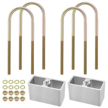 Imagem de Racewill Kits de bloco de redução de mola de folha universais de 10 cm, blocos de 12,7 cm de comprimento x 2-1/7.6 cm de largura, com 4 pacotes de parafusos em U galvanizados resistentes