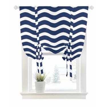 Imagem de Cortinas de amarrar para janelas náuticas azul marinho ondulado com bolso para varão de amarrar persiana de janela com balão ajustável, saia geométrica abstrata para quarto, cozinha, banheiro,