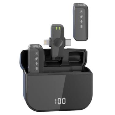 Imagem de Desong Microfone Lavalier sem fio compatível com iPhone Android câmera PC, plugue duplo Lightning USB-C, captador de som omnidirecional para gravação de vídeo, filmagem, transmissão ao vivo, vlogging