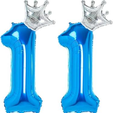 Imagem de Número de 11 balões azuis enormes de 101,6 cm, decorações de aniversário de 11 anos para meninos, balões com números de hélio em folha Gaint para meninos e meninas, decorações de festa de 11º