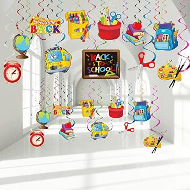 Imagem de 30 peças de decoração de redemoinhos de volta às aulas, régua colorida, lápis, escolar, ônibus, papelaria, alumínio, decoração de teto para comemorar as boas-vindas de volta às aulas, artigos de festa para sala de aula