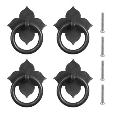 Imagem de Pastlla Puxadores de armário de latão sólido estilo antigo com parafusos, puxadores de anel de gaveta em forma de flor preta, puxadores de gaveta de móveis para armário de cômoda